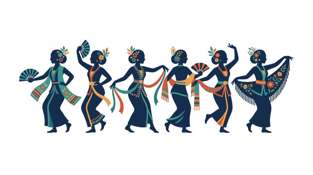A group of six traditional Indonesian dancers performing a cultural dance in colorful costumes.