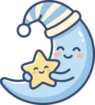 Cute kawaii moon and star characters sleeping with night sky moon character crescent bedtime story night time celestial body nightcap crescent illustration adorable peaceful