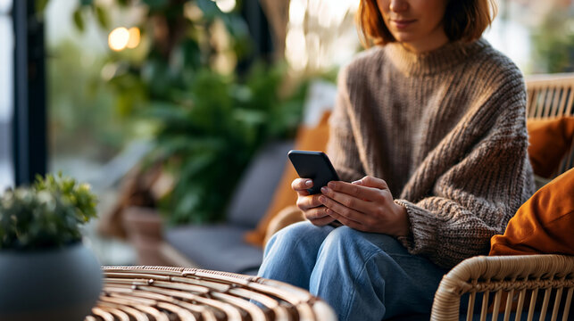 Woman using a smartphone mockup while relaxing at home outdoors with soft natural textures and generous negative space, designed for mobile app presentation, interface preview and digital