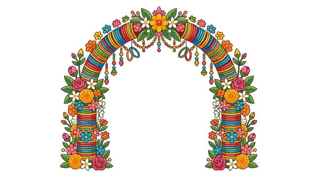 Vibrant floral archway decorated with colorful bangles and traditional Indian elements.