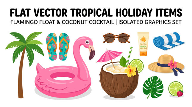 Vibrant tropical holiday items arranged on a white surface including flamingo float