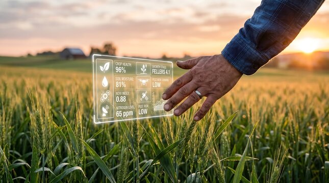 A farmer s hand interacting with a transparent digital display over a cornfield at sunset agriculture farming maize