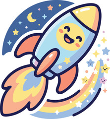 Obraz premium Cute kawaii spaceship rocket traveling through space with rocket ship science fiction space travel galaxy adventure spaceship character exploration illustration astronomy adventure cheerful