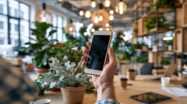 Mobile phone mockup held in a bright contemporary office in a stylish lifestyle environment with natural daylight and modern decor, designed for mobile app presentation, interface preview