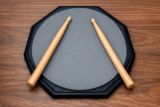 A pair of drumsticks resting on a drum pad, ready for use