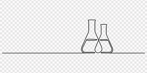 Obraz premium Single line drawing of a test tube and flask connected by tubes, two laboratory beakers continuous one line drawing, Two neck round bottom flask one line continuous drawing. Laboratory glass equipment