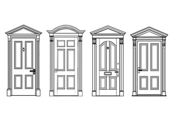classic doors with pediments, pilasters, paneling, moldings. Vector illustration. The set is isolated on a white background. For coloring books, interior design in educational materials © Elena
