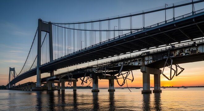 Low angle view of massive modern suspension bridge across ocean strait sunset