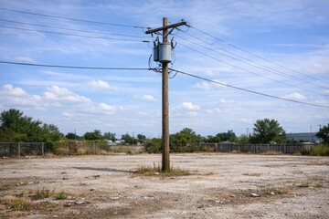 Obraz premium A solitary telephone pole standing in a rural area, surrounded by a dirt field