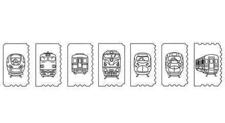 Train locomotives, vintage stamps, transportation icons, railroad vehicles © Stephen