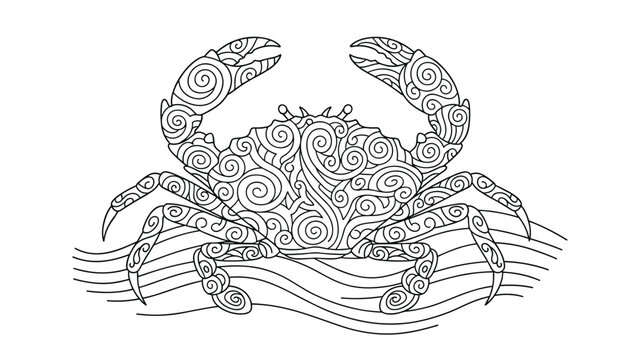 Symmetrical zentangle style outline of a marine crab detailed with swirl and wave patterns for coloring.