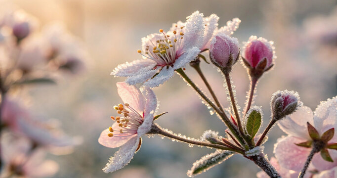 Pink cherry blossom buds covered in morning frost. Frosted apple tree blossoms with ice crystals close up. Spring flower buds on a branch covered in winter frost