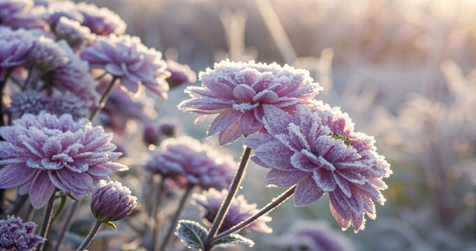 Pink garden flowers shining in golden morning sunlight covered in frosty ice. Beautiful winter sunrise illuminating frosted pink chrysanthemum blooms