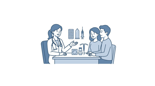 A female doctor consulting a couple about family planning and contraception methods.