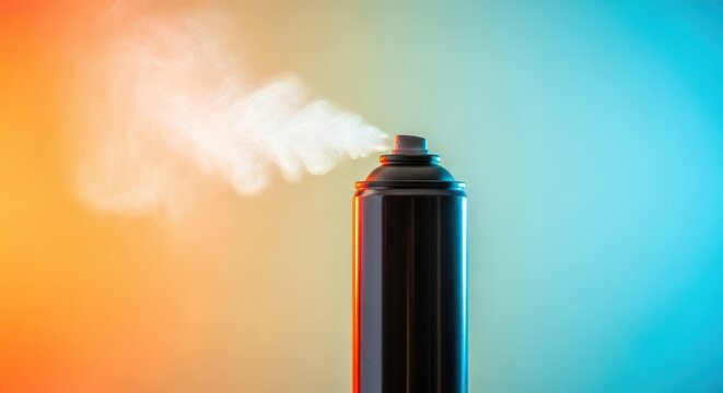 A metallic cylindrical aerosol can spraying a fine white mist or vapor upward into the air, highlighting the pressurized dispensing mechanism and spray pattern, nozzle, packaging, release