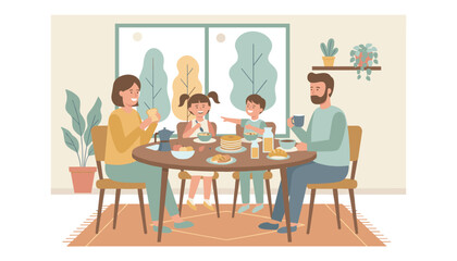 Fototapeta premium Happy family of four enjoying a healthy breakfast together at a round dining table in a cozy and beautifully decorated room.