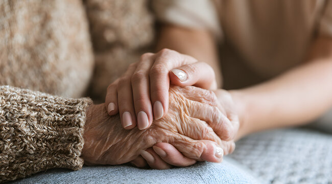 A compassionate caregiver is holding the hand of an elderly person, capturing a moment of comfort, warmth, human connection, and dedicated emotional support.