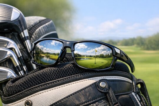 A golf bag with a pair of sunglasses resting on top, perfect for casual golf outings or as a unique gift