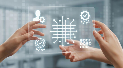 Obraz premium Professional collaboration on digital platform with icons for artificial intelligence, quality assurance, and human resources on futuristic display.