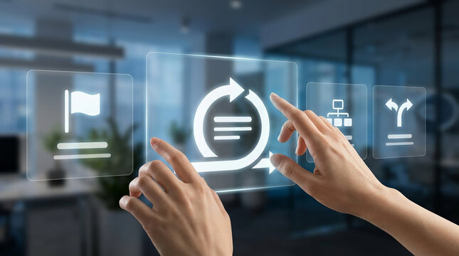 Businesswoman using futuristic virtual interface for agile project management software in office, scrum methodology and digital workflow automation concept