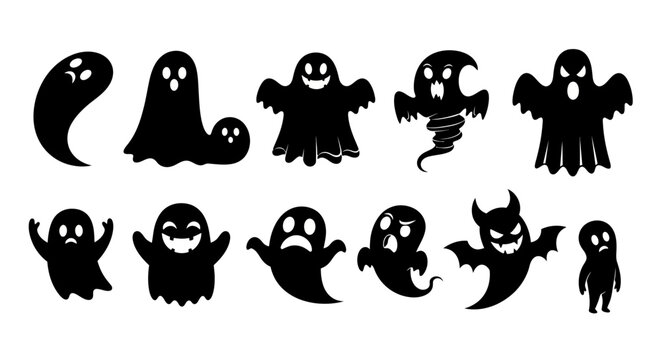Halloween ghost silhouette collection, 11 spooky spirit character icons, black cartoon phantom vector set for holiday party decorations and stickers