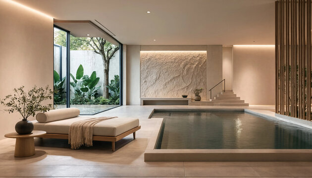 Luxury wellness spa resort interior with indoor swimming pool and relaxation lounge area wellness relaxation interior swimming peaceful architecture building lifestyle tranquil