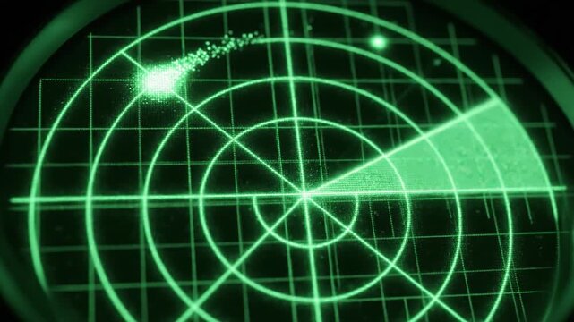 Abstract green radar screen with scanning sonar blip and circular grid for military detection