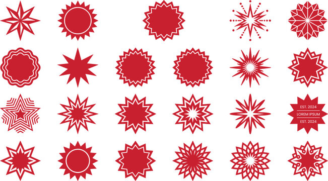 Collection of red starburst and rosette shapes on white background for design elements