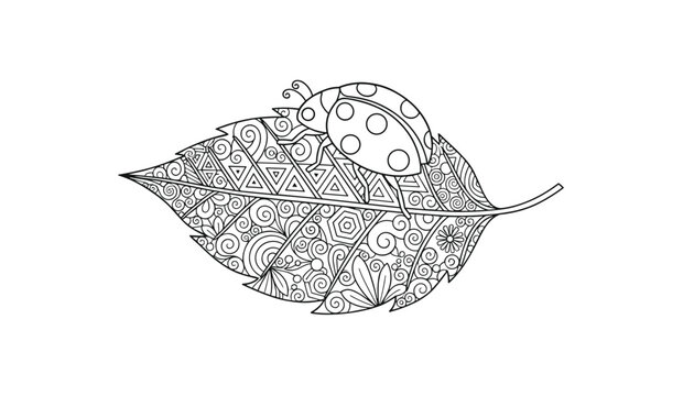 Ladybug sitting on a large leaf filled with detailed geometric scroll patterns for relaxing coloring.