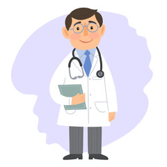 Fototapeta premium A doctor with a gown, stethoscope and a notebook in his hand.