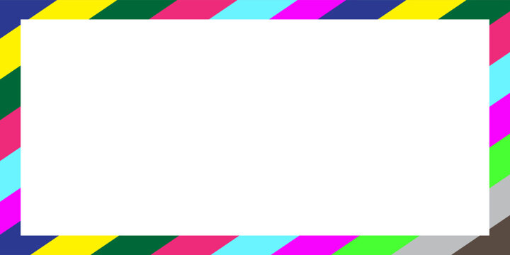 Abstract colorful diagonal lines frame vector background with vibrant rainbow stripes pattern border, modern geometric white copy space banner design template