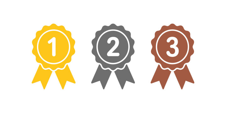 Three colored rosette award ribbons with numbers