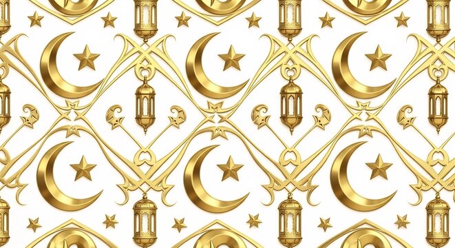 Golden ramadan pattern with crescent moons, stars, and lanterns on white background