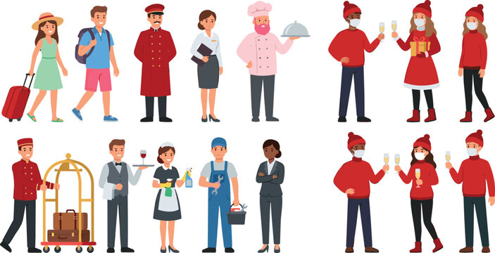 Hospitality Hotel Service Workers Character Vector Set with Bellboy, Maid, Chef, and Winter Holiday Tourists Wearing Protective Medical Face Masks