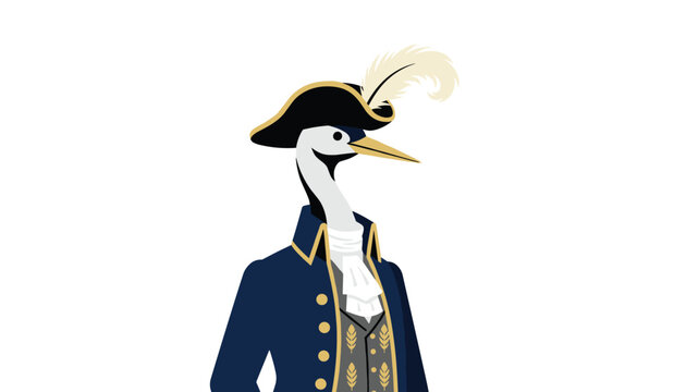 Majestic grey heron dressed as an 18th-century navy admiral wearing a feathered bicorn hat and a blue jacket.