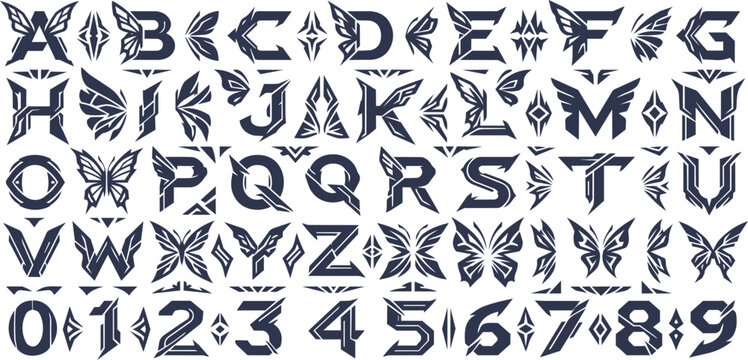 Tribal ethnic sharp ornament typography alphabet set, black decorative font vector