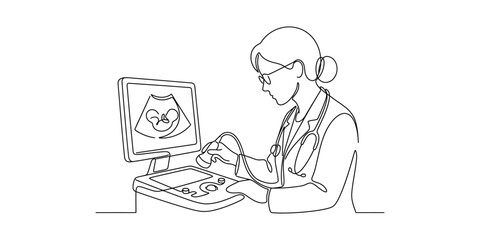 Fototapeta premium Continuous one line drawing of a female doctor performing a medical ultrasound examination.