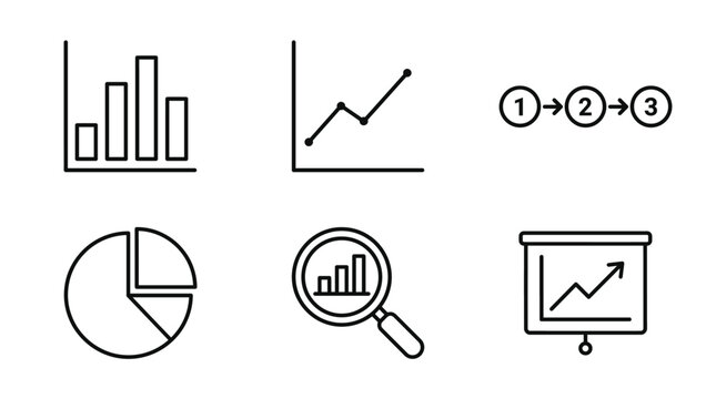 Black and white line icons of business charts and graphs Vector