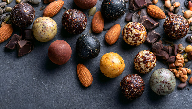 Assortment of round energy balls, chocolate pieces, almonds, seeds, and nuts on a dark grey background. Healthy food mix is arranged on a stone surface.