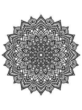 Intricate black circular mandala pattern on white background with circular