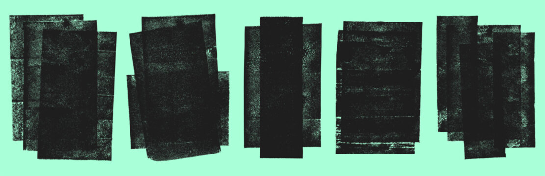 Grunge textures set. Linocut relief printing rectangle rough textured distressed aged shapes collection. Uneven geometric edge backgrounds text frames. Paint roller stains, lino ink grungy remains