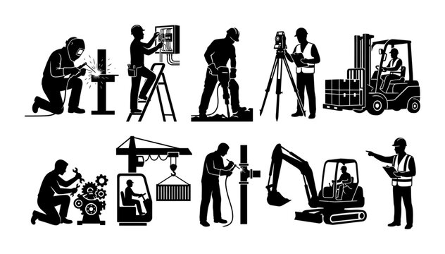 Construction Worker Silhouettes Set for Industrial Job Tasks