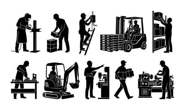 Industrial Worker Silhouette Icons Set for Manufacturing Jobs