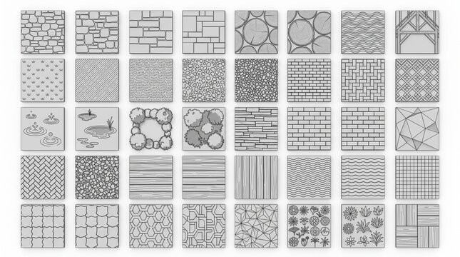 Collection of diverse architectural and landscape surface texture swatches featuring geometric patterns stone brick wood water grass and floral designs in a clean flat line style.