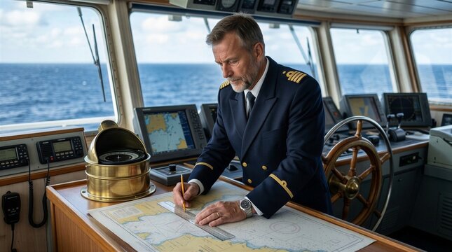 Man in navy uniform plotting course on navigation chart at sea