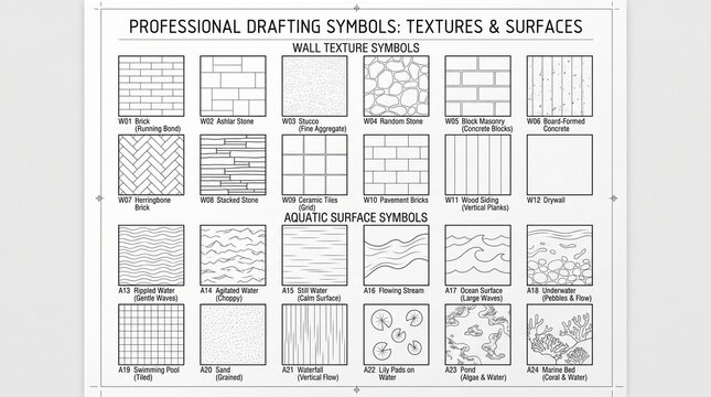 Professional drafting symbols for textures and surfaces, architectural wall texture icons set, aquatic surface symbols for landscape design
