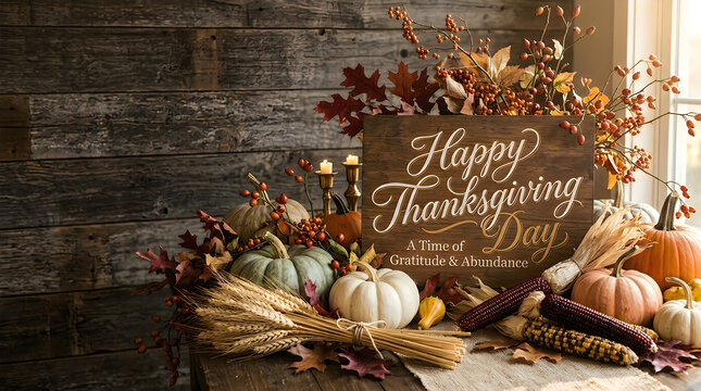 Happy thanksgiving day a time of gratitude abundance with pumpkins corn and leaves
