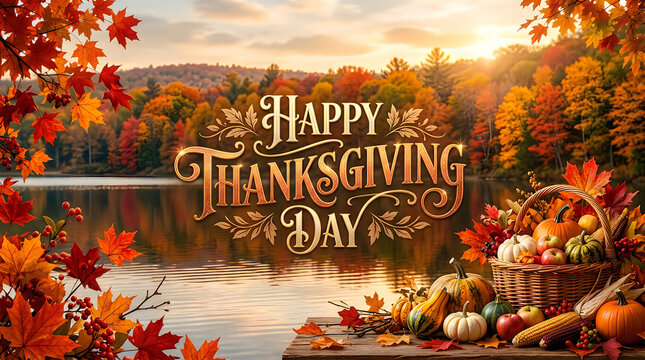 Happy thanksgiving day greeting with autumn leaves and fruits