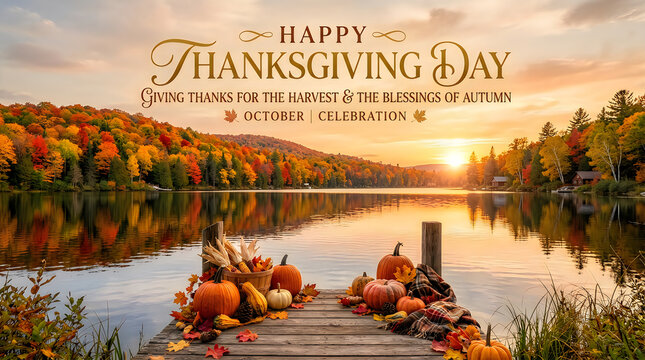 Happy thanksgiving day scenic autumn lake with pumpkins and fall foliage