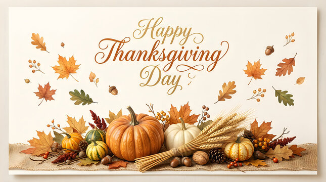 Happy thanksgiving day festive autumn harvest still life with pumpkins and fall foliage